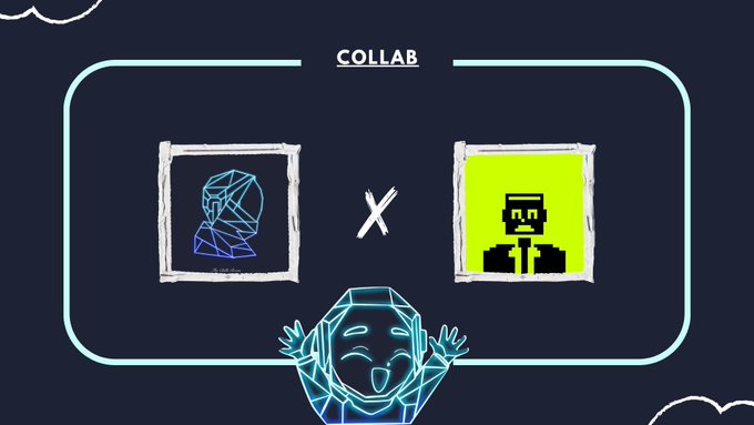 A graphic titled "COLLAB" displays two framed icons (one blue geometric portrait and one green character) separated by an X, with a smiling geometric character below.