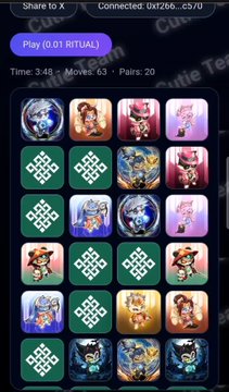 A mobile screenshot of a tile-matching puzzle game showing a grid of illustrated character tiles with statistics like 'Time: 3:48', 'Moves: 63', and 'Pairs: 20', along with a 'Play (0.01 RITUAL!)' button.