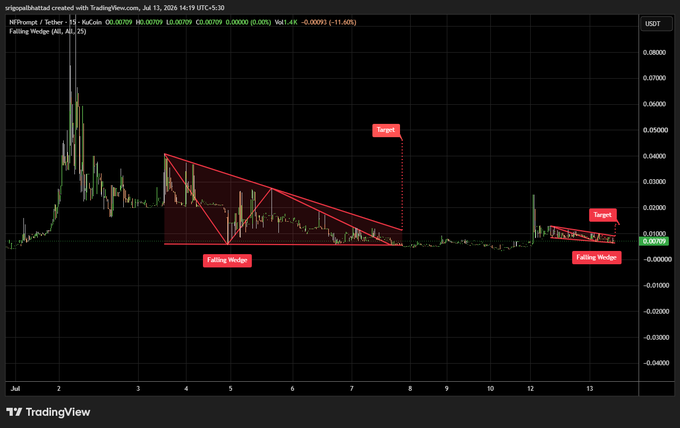 A TradingView candlestick chart for 'NFiProject / Tether' annotated with two red 'Falling Wedge' patterns and 'Target' markers, showing price action from July to July 13.