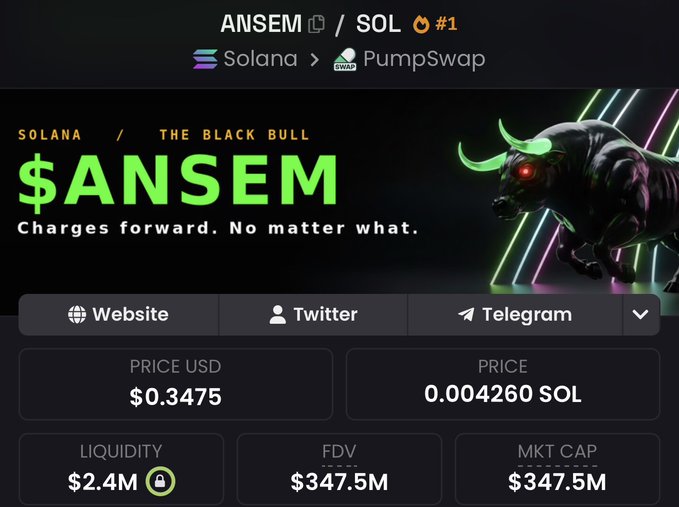 The image displays a cryptocurrency tracker page for the $ANSEM token on the Solana blockchain via PumpSwap, showing a price of $0.3475 USD (0.004260 SOL), with a market cap of $347.5M and FDV of $347.5M. The token's tagline reads "Charges forward. No matter what," accompanied by a charging bull graphic—symbolizing the "motion" referenced in the post about potentially flipping $PUMP.