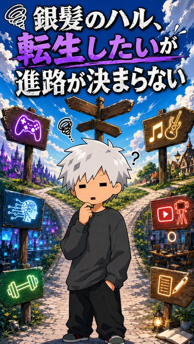 The image features a cartoon boy standing in front of two signs, one with Japanese writing and another with English writing. The boy appears to be pondering or thinking about something as he looks at both signs. The scene also includes other elements such as a book, a guitar, and a computer mouse, which are part of the overall setting for this cartoon character.