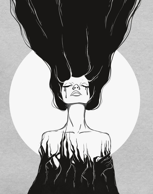 A black and white illustration of a figure with dark hair flowing upward and tears streaming from closed eyes, with a hand emerging from the chest area against a circular backdrop.
