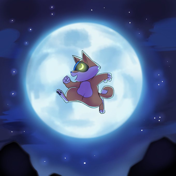A cartoon cat character leaps dynamically across a glowing full moon against a starry night sky, embodying the playful and adventurous spirit of "gAI," the AI warrior of liberation. The moonlit backdrop and animated pose suggest freedom, agility, and a celestial journey.