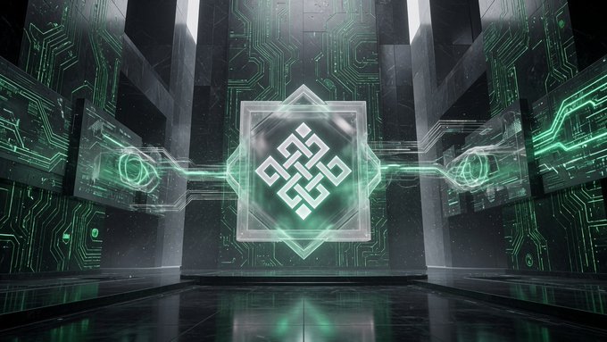 A digital rendering of a glowing green geometric symbol within a futuristic circuit-board environment.