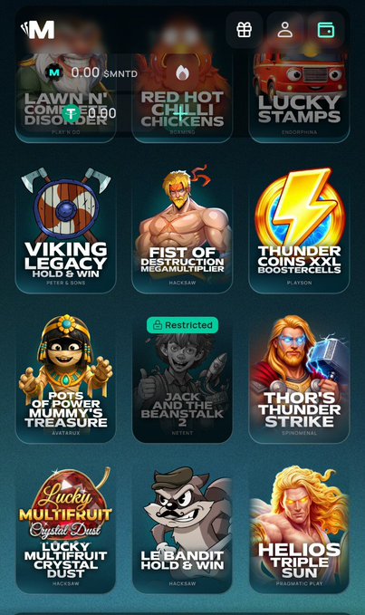 A screenshot of an online casino website displaying various game thumbnails including 'Lawn N' Disorder', 'Red Hot Chilli Chickens', 'Viking Legacy', 'Fist of Destruction', 'Thunder Coins XXL', and 'Helios Triple Sun'.