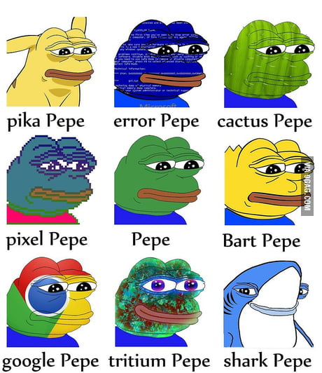 A grid of nine Pepe the Frog variations labeled 'pika Pepe', 'error Pepe', 'cactus Pepe', 'pixel Pepe', 'Pepe', 'Bart Pepe', 'google Pepe', 'tritium Pepe', and 'shark Pepe'.
