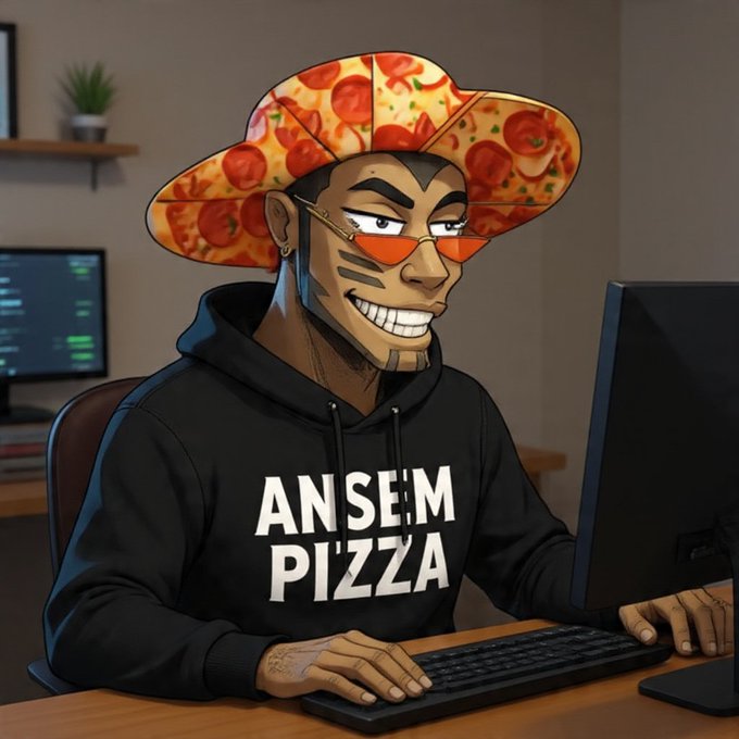 The image features a man wearing a pizza hat while sitting at a desk with a computer monitor, keyboard, and mouse. The man appears to be smiling as he works on his computer. There are also several books scattered around him, suggesting that he might be working or studying from them.
