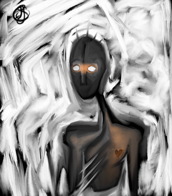 A dark, expressionistic digital painting of a shadowy humanoid figure with glowing white eyes, spiky hair, and a small red heart on its chest, surrounded by swirling gray and white brushstrokes.
