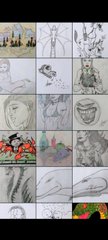 A grid collage of various hand-drawn sketches and illustrations, including character designs, faces, and abstract drawings in black and white with some colored pieces.
