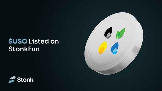 A sleek promotional graphic announces "$USO Listed on StonkFun" alongside the Stonk logo and a 3D rendered coin featuring four colored droplet icons, visually representing the new launch of crude oil-related tokens paired with the United States Oil Fund on the StonkFun platform.