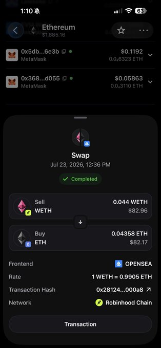 A mobile screenshot of a MetaMask wallet showing an Ethereum swap transaction of 0.044 WETH for 0.04358 ETH on the OpenSea frontend via Robinhood Chain, completed on July 23, 2026.