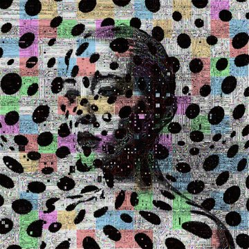 A surreal, abstract portrait features a face obscured by a dense pattern of black polka dots overlaid on a textured, multicolored background of newsprint-style fragments.