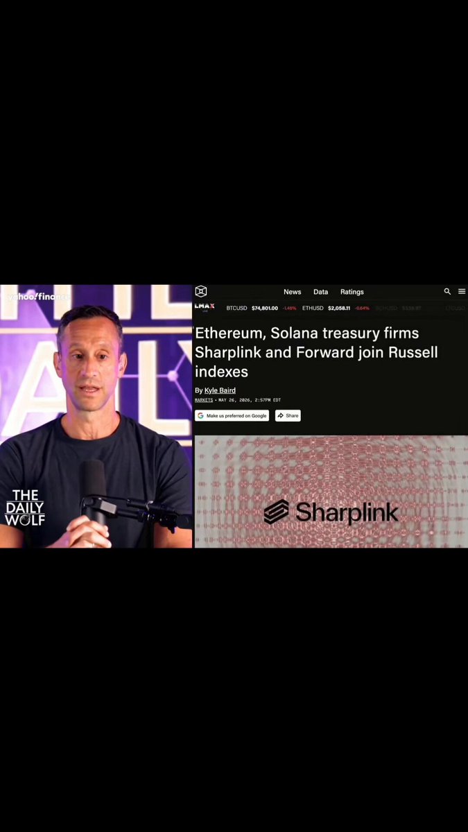 The image features a man standing next to a computer screen, with a banner that says "Ethereum" above him. Below this, there are two lists of text - one for "etherium", another for "sharpadlink". The first list is titled "Crypto Treasury Stocks Are Entering Major Indexes", and the second list is titled "Focus on what is in the image and how it relates to the post". This suggests that the man might be discussing or explaining the concept of cryptocurrency, specifically etherium, and its relation to Sharpadlink.