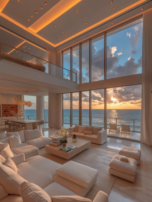 The image features an open floor plan with white furniture, including couches and chairs, arranged around a large window that offers a view of the ocean at sunset. The room has a modern design, giving it a spacious and elegant atmosphere. The sun is setting over the water, creating a beautiful backdrop for the scene.