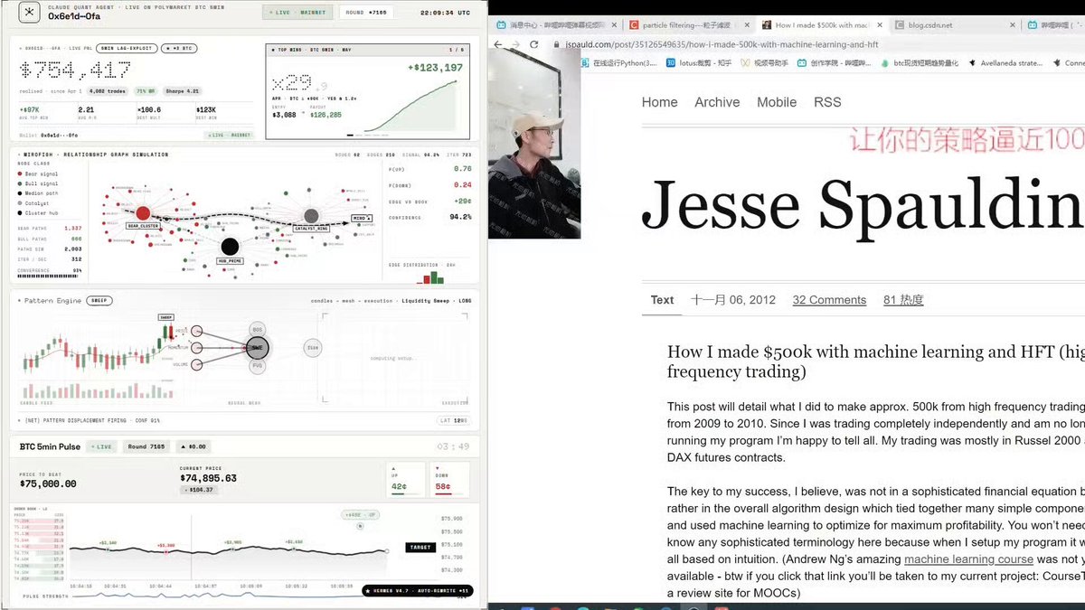 The image shows two computer screens displaying different pieces of information. The first screen has a page that says "Xuan spent six years wiring microsecond HFT systems for a Shenzhen firm." The second screen, located below this one, displays an article about a man named Jesse Spalding. The article discusses how he is trying to find a way to translate and manipulate the data on microstructure in real-time using Bitcoin markets, which has resulted in $2,400 being converted into $155,000. Both screens are placed side by side with their respective information.