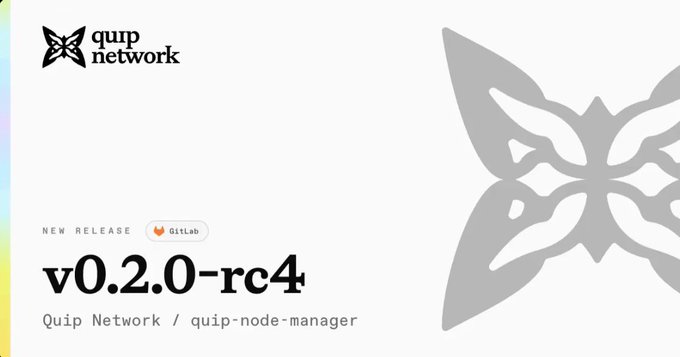 The image features a white banner with a butterfly graphic at the top that says "quip network" followed by a list of benefits for using the new release of Quip Network Node Manager, including full stack deployment, dashboard, and database included, an embedded dashboard, and a single health status. The text is in black against a light gray background, making it easy to read.