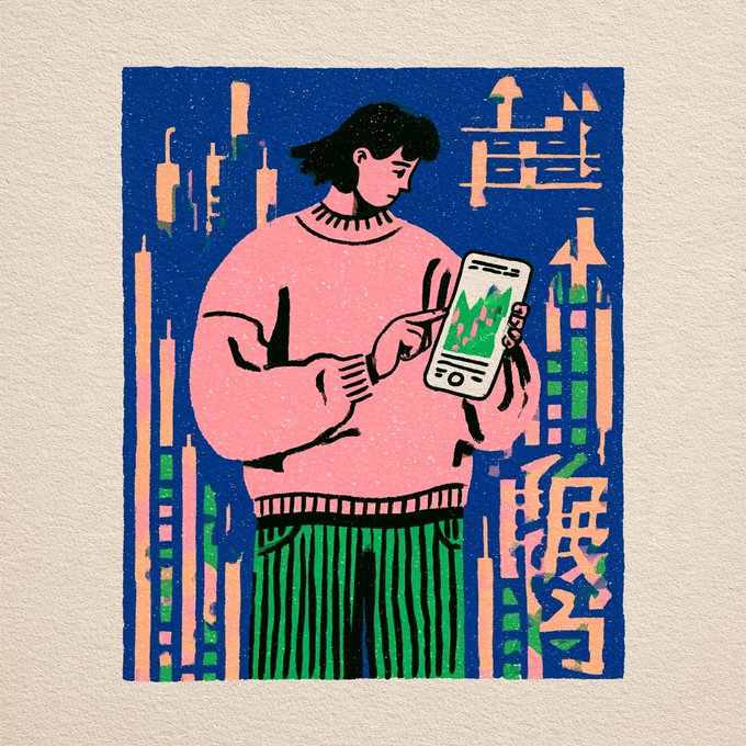 An illustration in pink, blue, and green shows a person in a pink sweater looking at a smartphone with a green upward graph on the screen, set against a background of city buildings.