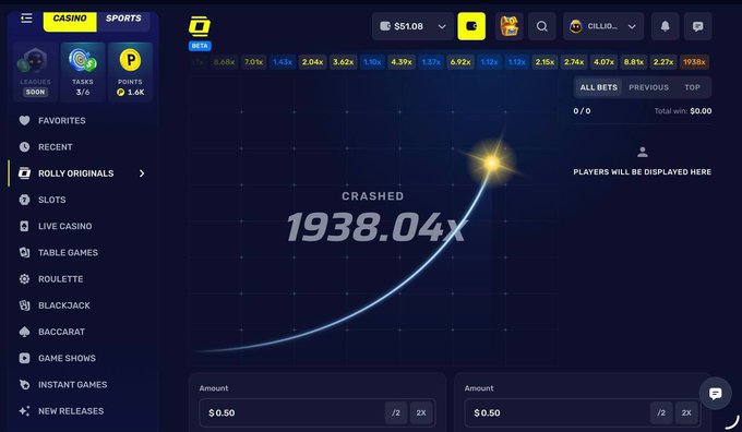 A screenshot of a cryptocurrency casino's 'Crash' game showing a multiplier that 'CRASHED' at '1938.04x,' with navigation tabs for Casino, Sports, Favorites, Live Casino, Table Games, Roulette, Blackjack, and Baccarat.