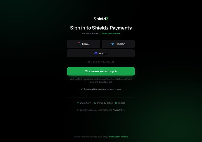 A sign-in page for Shieldz Payments displaying options to log in with Google, Telegram, or Discord, or connect a crypto wallet with the text 'Sign in to Shieldz Payments'.