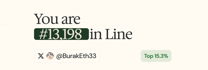 A digital screen displays the text 'You are #13,198 in Line' along with the Twitter/X handle '@BurakEth33' and a green badge reading 'Top 15.3%'.
