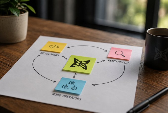 The image features a white piece of paper with a diagram that illustrates the concept of Node Operators, which are individuals who manage and maintain the infrastructure for a distributed computing system. The diagram includes three circles representing different roles within this community - Developers, Researchers, and Node Operators. These roles are interconnected through lines, symbolizing collaboration and communication between them.

The post also mentions that @quipnetwork is expanding beyond security narratives into practical compute infrastructure. This suggests that the focus of the project has shifted from solely securing systems to managing and maintaining the distributed computing system itself. The diagram on the paper serves as a visual representation of this transition, highlighting the evolving nature of the project's goals and objectives.