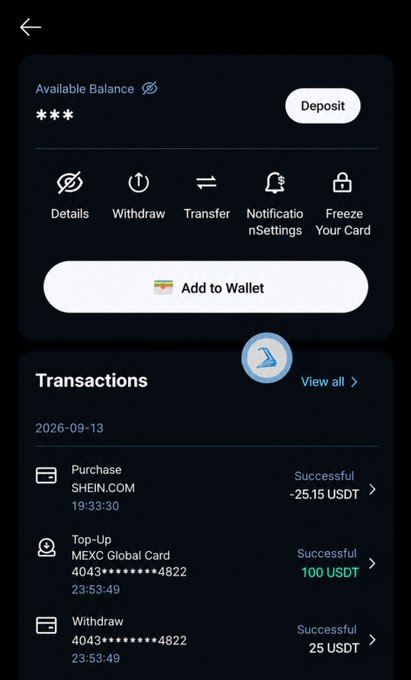 A mobile screenshot of the MEXC Global Card app displaying an available balance and recent transactions, including a successful 25 USDT purchase at SHEIN.COM at 19:33:30. This corroborates the post by @MEXC_SriLanka showcasing a SHEIN purchase made using the MEXC card, tagged with the campaign #SpendWithMEXC.