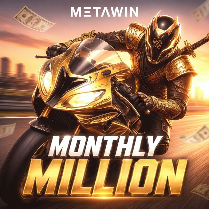 The image is a promotional banner for **MetaWin** featuring a golden-armored knight riding a gold motorcycle with the text **"METAWIN - MONTHLY MILLION,"** visually conveying the brand's $1M giveaway offer referenced in the post about qualifying players through deposits.