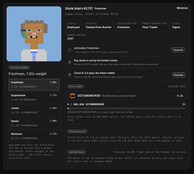 A dashboard for 'Stonk Intern #2757' on StonkBrokers platform showing the user is a 'Trainee Floor Runner' with status Employed, holding 4.21 $STONKBROKER tokens out of 666,666 needed for activation.