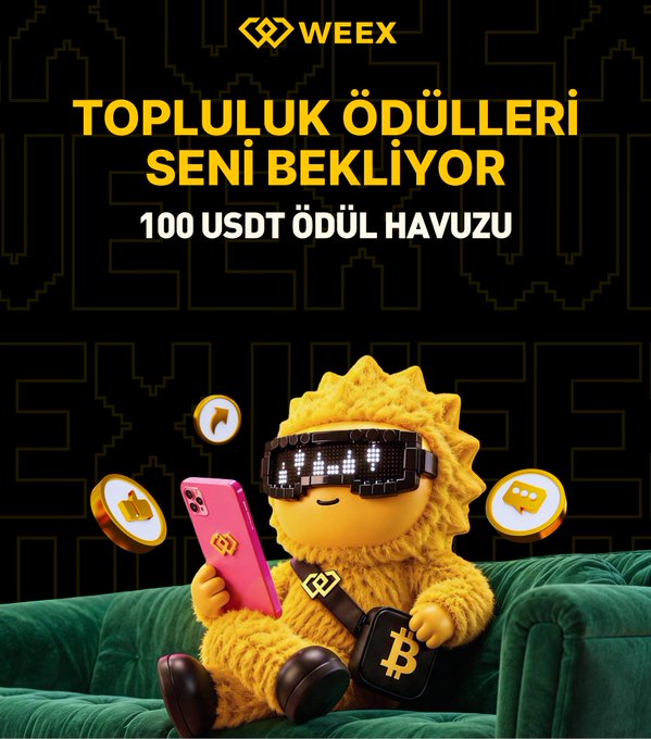 Weex promotional graphic featuring a yellow mascot with pixelated sunglasses holding a phone, with Turkish text 'TOPLULUK ÖDÜLLERİ SENİ BEKLİYOR' and '100 USDT ÖDÜL HAVUZU'.