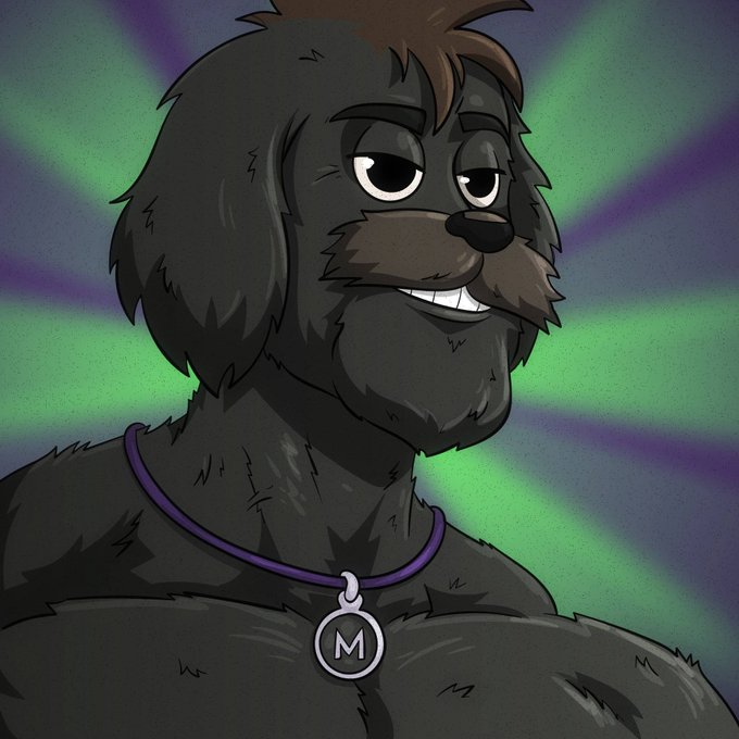 The image features a cartoon dog with a mustache, wearing a purple collar with a silver tag that has the name "M" written on it. The dog appears to be smiling at the camera while looking directly into the viewer's eyes. The background of the image is green and purple, which gives the impression that the dog might have been in an art studio or a creative workspace during its creation. The post caption reads: "regaining my aura. june 8th".