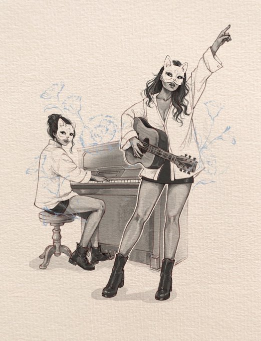 The image is a monochromatic illustration showing two figures wearing cat masks—one playing an upright piano while seated, and another standing with a guitar, arm raised dramatically against a sketchbook-textured background with delicate blue floral outlines. This artwork visually represents the NFT drop "Mrs. Yügside," a collaborative piece promoted on objkt.com, capturing the creative and expressive spirit highlighted in the accompanying announcement.