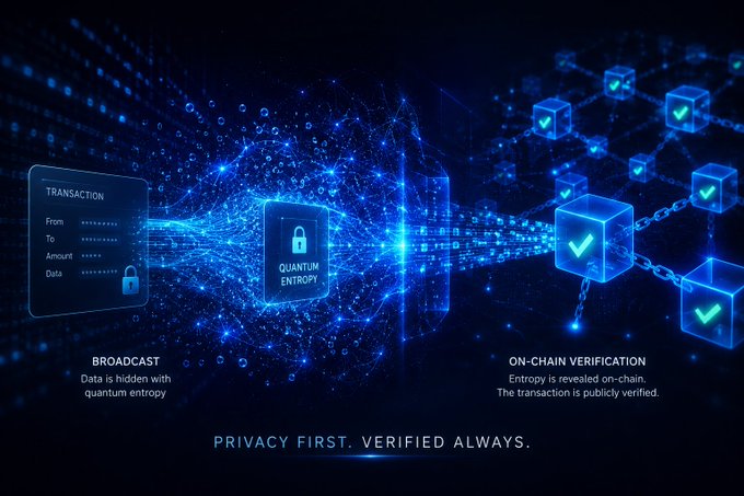 A blue digital infographic illustrating a quantum entropy blockchain process, showing a transaction being broadcast with hidden data on the left and verified on-chain on the right, captioned 'PRIVACY FIRST. VERIFIED ALWAYS.'