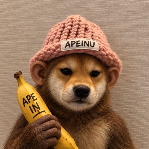 A fluffy monkey wearing a pink beanie labeled "APEINU" holds a banana with "APE IN" written on it, visually representing the $APEINU meme token artwork shared in the post.