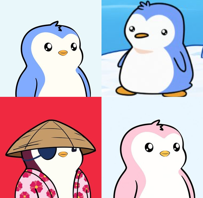 A 2x2 grid of four cute cartoon penguin illustrations in different styles and colors (blue, standard blue, pink, and one wearing a straw hat and eyepatch with a pink floral kimono).