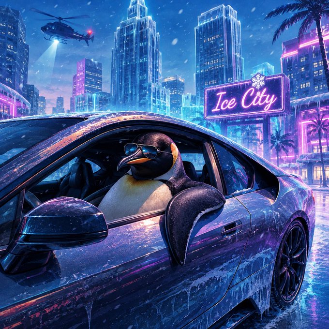 A sunglasses-wearing penguin chills in a frost-covered sports car beneath a glowing "Ice City" neon sign, with a helicopter sweeping the snowy skyline—a stylish visual nod to the rumored GTA integration of the $PENGUIN token.
