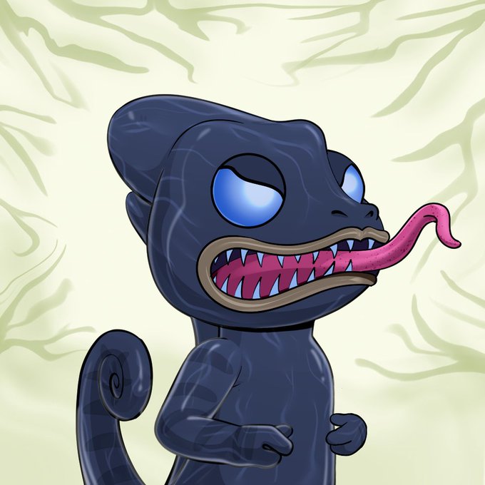 A cartoonish, dark blue chameleon-like creature with glowing blue eyes, sharp teeth, and an extended pink tongue snarls against a cracked beige background, fitting the post's promotion of a free mint NFT collection now in its public phase.