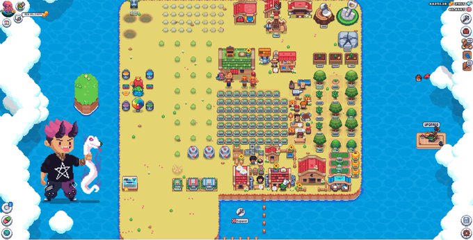 A pixel-art style video game screenshot showing a colorful island town with buildings, characters, and a character with pink hair and a snake on the left.