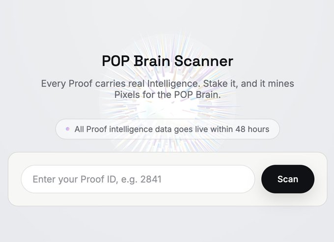 A "POP Brain Scanner" interface invites users to enter a Proof ID (e.g., 2841) to scan their NFT and reveal its intelligence, with a note that all proof intelligence data goes live within 48 hours—directly tying into the post's announcement that the POP Brain is awakening and $PROOFSTR staking will soon power Pixel boosts and rewards.