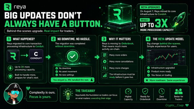 A Reya (R) cryptocurrency project infographic titled 'BIG UPDATES DON'T ALWAYS HAVE A BUTTON' detailing a behind-the-scenes upgrade from Conduit to Orderbook, highlighting '3X MORE PROCESSING CAPACITY' with mascot and statistics sections.