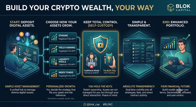 A promotional infographic for BLOK Capital titled "Build Your Crypto Wealth, Your Way" outlining a four-step process: depositing digital assets, choosing growth strategies (Staking, Yield Farming, Liquidity Pools, Index Funds at 8-15% APY*), maintaining self-custody, and ending with an enhanced portfolio—reinforcing the post's message of a simple, transparent, user-controlled crypto wealth management solution.