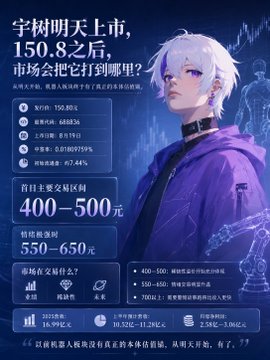 A promotional poster for Unitree's (宇树) upcoming IPO, featuring an anime-style character, forecasts a post-listing price range of 400–500 yuan (rational value 550–650 yuan) following the 150.8 yuan debut, while noting the IPO's extremely low allotment rate of 0.01809759% (one in 18,100 chance).