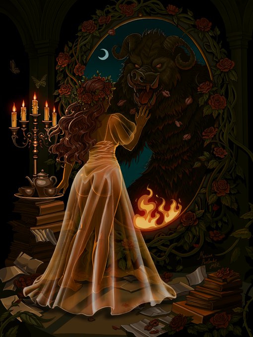 A stylized digital illustration depicting a woman in a flowing orange dress reaching toward a large, shadowy beast with horns reflected in a mirror surrounded by red roses, with candles and books in the foreground.