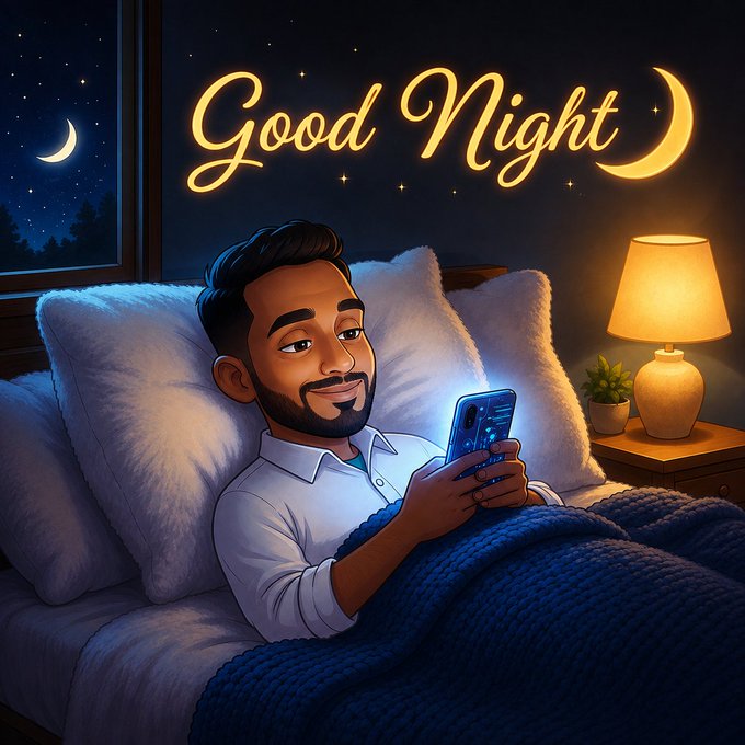 A digital illustration of a smiling man lying in bed at night using a smartphone, illuminated by a bedside lamp, with the glowing text 'Good Night' and crescent moons in the starry sky above him.