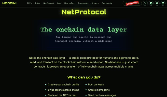 The image shows a webpage for NetProtocol with the headline "NetProtocol: The onchain data layer" and a description explaining it as a protocol for humans and agents to store, read, and transact on the blockchain without a middleman. Key features listed include creating onchain profiles, swapping tokens across chains, trading on the NFT bazaar, posting on feeds, creating memecoins, and sending onchain messages. This relates to the post by highlighting NetProtocol (referred to as @NetProtocolApp) as the launch partner for $HOODINI on Robinhood Chain.