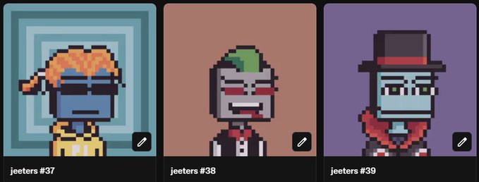 Three pixel-art NFT character portraits labeled 'jeeters #37', 'jeeters #38', and 'jeeters #39', each with an edit icon.