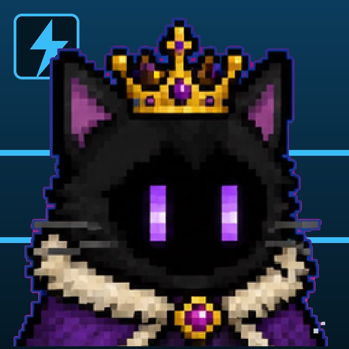 A pixel art illustration of a black cat character wearing a gold crown and a fur-trimmed purple robe, with a lightning bolt icon displayed in the upper left corner.