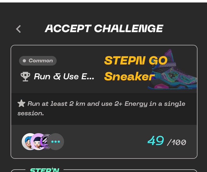 The image shows a step-by-step guide or instructions about using a specific type of sneaker, likely designed for runners. The text indicates that the sneakers are "Stepin Go" and encourages users to run at least 2 km per session with an energy gain of 2+ Energy in a single session.