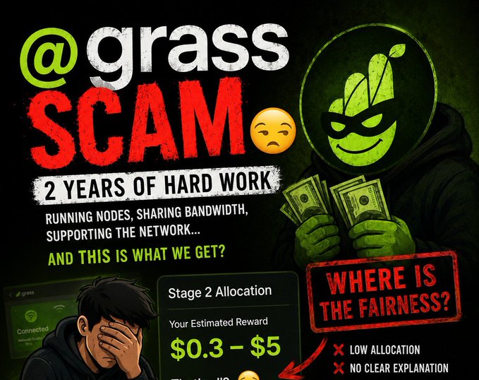 A thumbnail accuses "Grass" of being a scam, showing a masked figure holding cash alongside text claiming "2 years of hard work" running nodes has resulted in Stage 2 allocations of only "$0.3 – $5," highlighting the post's complaint about minimal rewards for long-term contributors who shared bandwidth 24/7.