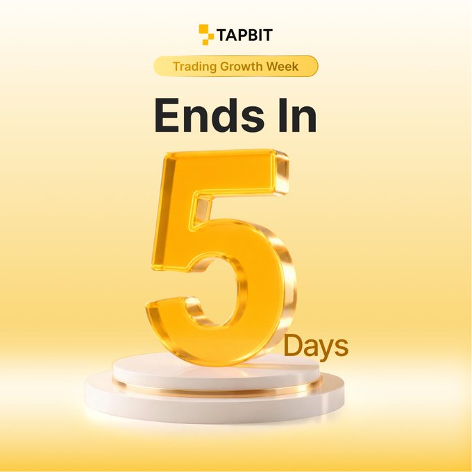 A countdown graphic for TAPBIT's 'Trading Growth Week' showing 'Ends In 5 Days' with a large 3D golden number 5 on a pedestal.