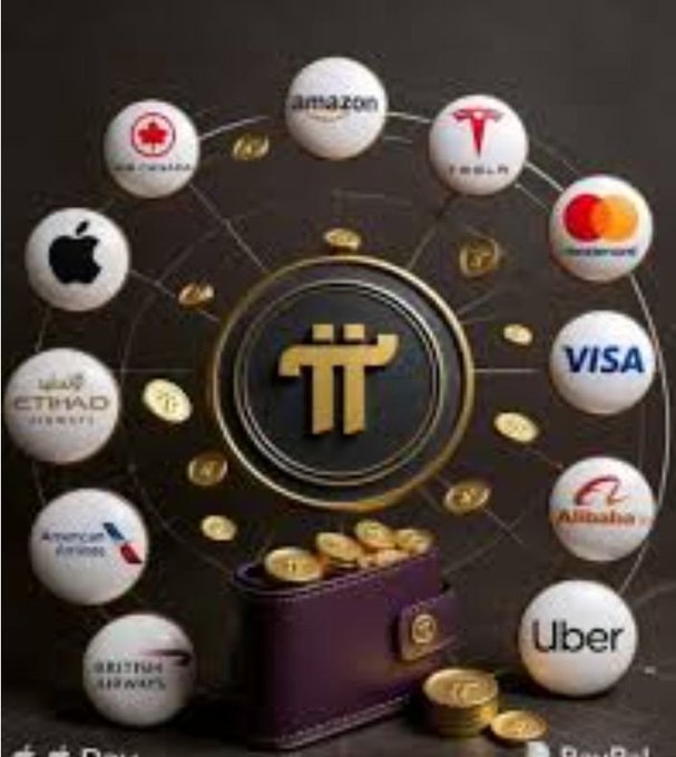 A Pi Network promotional graphic displaying the Pi coin logo in the center surrounded by connected logos of major companies including Amazon, Tesla, Visa, Apple, Mastercard, Uber, and PayPal.